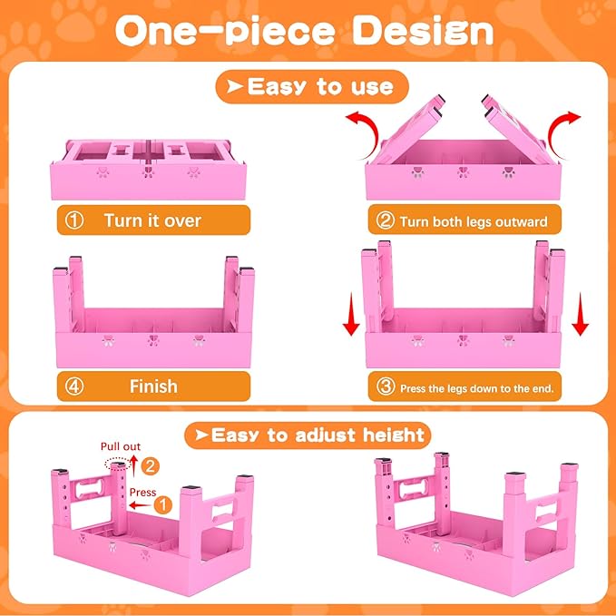 Elevated Dog Bowls with Mat, Raised Dog Food Bowl Stand with 2 Stainless Steel Bowls, 5 Height Adjustable (3.1", 9", 10", 11", 12") Non-Slip Feeder Set for Medium and Large Dogs – Pink