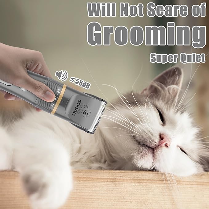 Goood Cat Grooming Kit - Cordless Cat Clippers for Long & Matted Hair, Low Noise Paw Trimmer, Quiet Pet Hair Clippers (Gray)