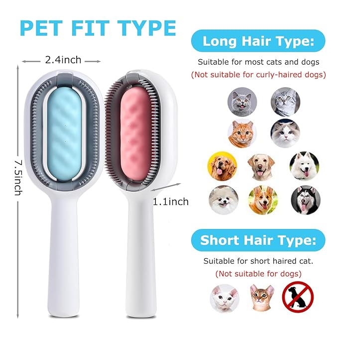 4 in 1 Pet Hair Removal Comb with Gravity Water Tank, Cat Dog Massage Brush Self Cleaning Grooming Wet Comb for Shedding Fur (Short Hair, 2PCS)