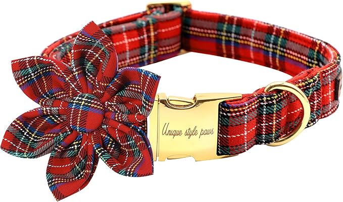 Uniqe Style Paws Christmas Grid Dog Collar, Female or Male Adjustable Dog Collar with Flower, Durable Floral Pattern Pet Collar for Small Dogs and Cats