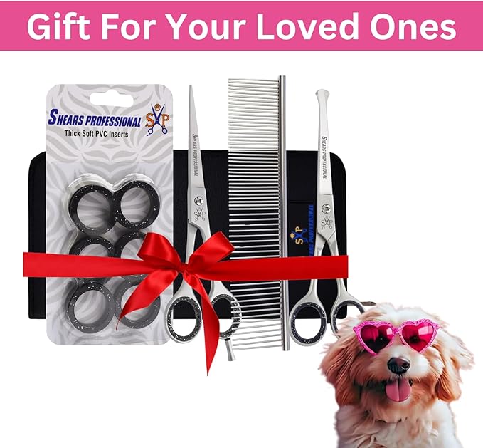 Dog Grooming Scissor Set, 5 in 1 5pcs Leather Shears Case a comb with Ball Tip Scissor for Safety & 5.5 In Grooming Scissor along with 6 pcs Black Silicone Scissor Ring Insert