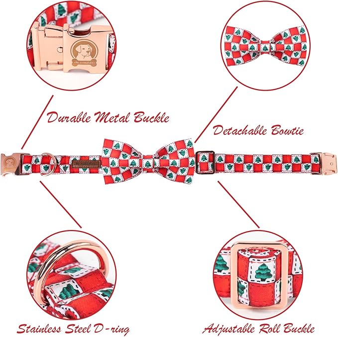 MR. CHUBBYFACE Christmas SquareTree Dog Collar with Bowtie, Cotton Boy Girl Dog Collars with Metal Buckle Cute Christmas Collars for Puppy Small Medium Large Dogs