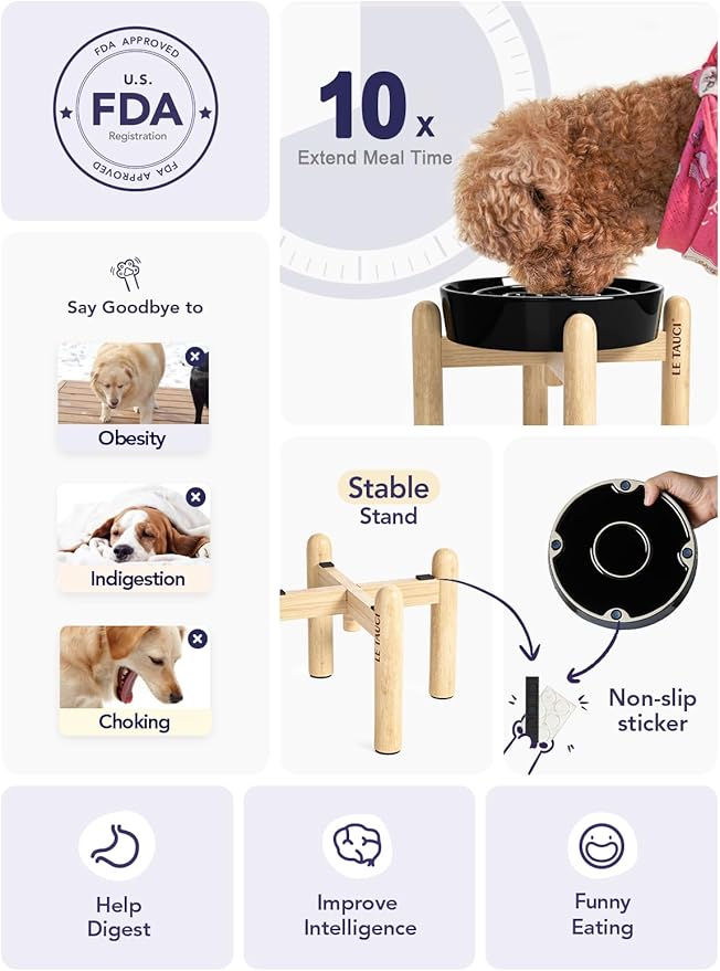 LE TAUCI Ceramic Slow Feeder Dog Bowl Elevated, 3 Cups Raised With Wooden Stand for Medium Large Breed, Dishes to Slow Down Eating, Puzzle Food Bowl, Skull Black