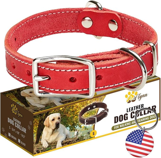 Heavy Duty Red Leather Dog Collar for Small Dogs- Soft and Strong Dog Collar for Puppy or Small Dogs (Small: Fit 10" - 14.5" Neck, Red)