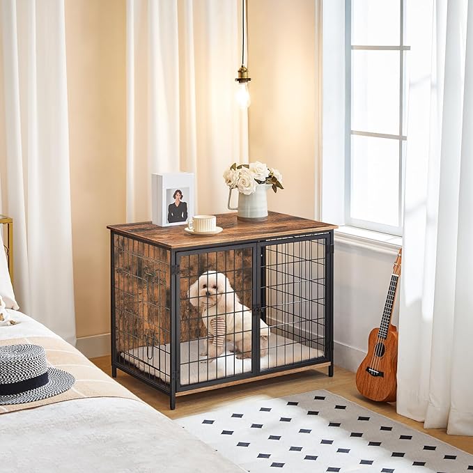 Dog Crate Furniture with Cushion, Wooden Dog Kennel with Double Doors, Heavy Duty Dog Cage for Small/Medium/Large Dogs, Indoor Dog House End Table, 31.5" L, Rustic Brown DCHR0701Z1