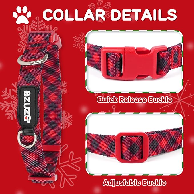 azuza 3 Pack Christmas Nylon Dog Collars Buffalo Check Durable and Comfortable Dog Collars with ID Tag Ring Adjustable for Medium Dogs, M (14-20inch)