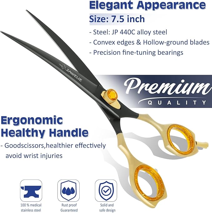 Dog Grooming Scissor- 7.5” Pet Shears, Japanese Stainless Steel Ergonomic Pet Grooming Scissor, Heavy Duty Sharp and Comfortable pet Scissors for Grooming, Dogs, Cats and Other Animals (Curved)