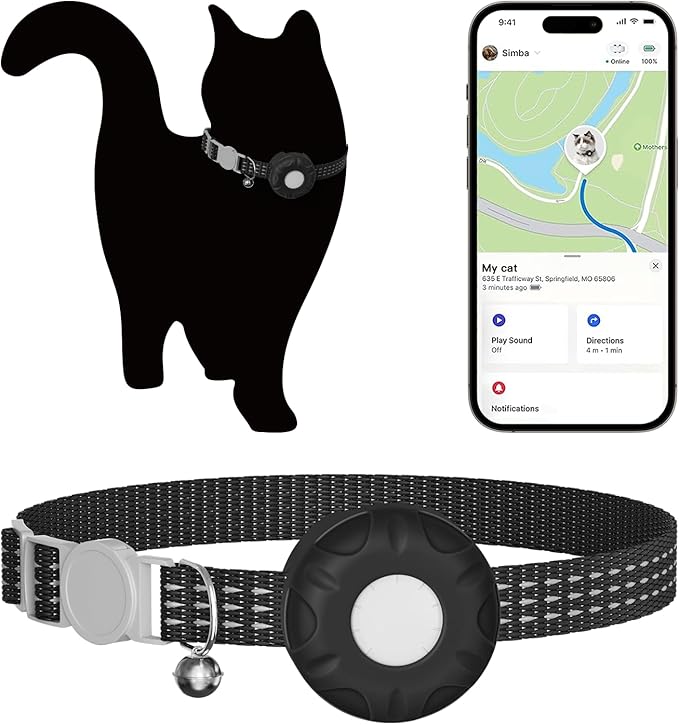 Cat GPS Tracker, Waterproof Pet Tracker for Cats, Cat Tracker Collar with Safety Elastic Buckle, Works with Any Collar,Compatible with Apple Find My App (Only iOS), No Monthly Fee, Black