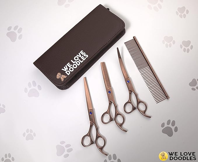 Dog Grooming Scissors Kit - Best Tools For Goldendoodles, Poodles & Doodles - Straight, Curved & Thinning Shears - Golden Doodle Grooming Kit - Professional Grade Steel, 4 Pc Set [We Love Doodles]