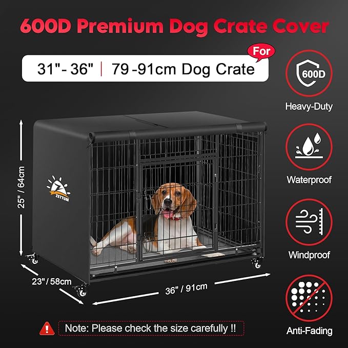 Dog Crate Cover 36 Inch - 600D Kennel Crate Covers for Dog Cage Waterproof & Heavy Duty, Small Dog Cage Cover Universal Fit for Most Wire Pet Crates - 36 x 24 x 24 Inch (Cover Only)