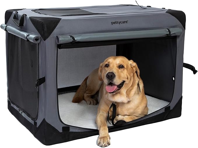 Pettycare 36 Inch Collapsible Dog Crate with Curtains Travel Dog Crate for Airflow and Calm Soft Pet Kennel with Portable Bag and More Chew Proof Mesh Indoor & Outdoor Grey 4 Door Curtains