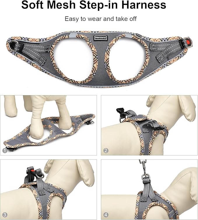Mercano Soft Mesh Dog Harness and Leash Set, No-Chock Step-in Reflective Breathable Lightweight Easy Walk Escape Proof Vest Harnesses with Safety Buckle for Small Medium Dogs, Cats (Grey, M)