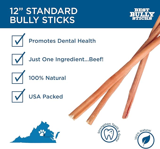 Best Bully Sticks for Dogs 12 Inch Bully Sticks, 8oz - 100% Natural Grass-Fed Beef Dog Bully Sticks for Medium/Large Dogs - Bully Stick Dog Chews