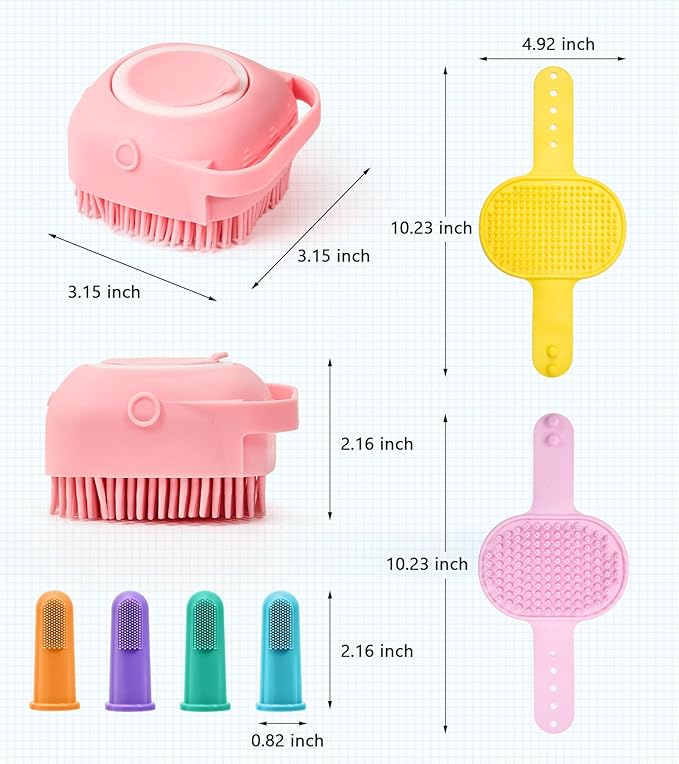4PCS Dog Bath Brush Pet Shampoo Brush with Adjustable Ring Handle Soft Massage Dispenser Brush for Short Long Haired Dogs Cats Showering(Pink Pink Yellow)