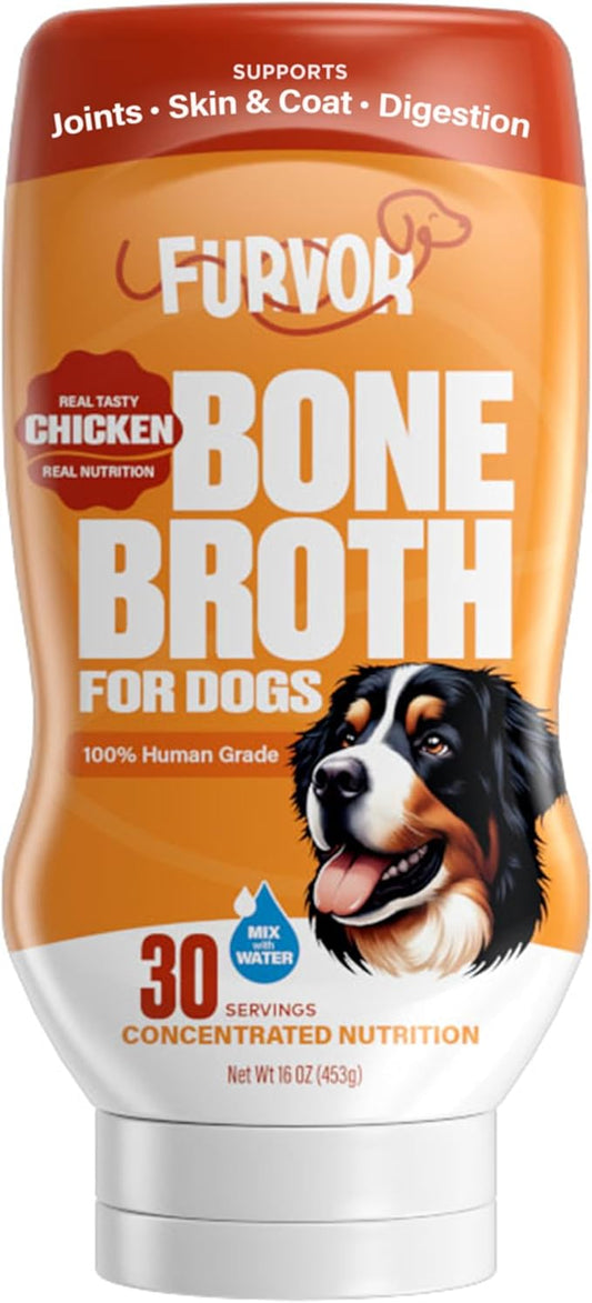 Chicken Bone Broth for Dogs - Collagen Protein Supplement for Digestion, Mobility, Coat, Immunity, Healthy Dog Food Topper, Human Grade Meal Boost Gravy, Just Add Water, Made in USA, 16 oz