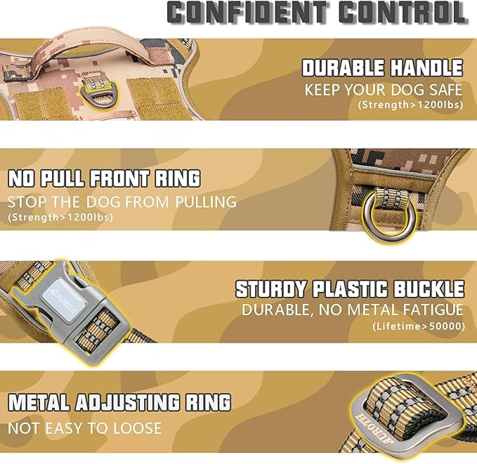 AUROTH Tactical Dog Harness for Large Dogs No Pull Adjustable Pet Harness Reflective K9 Working Training Easy Control Pet Vest Military Service Dog Harnesses Desert Camo XL