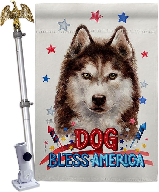 Breeze Decor Patriotic Brown Siberian Husky House Flag-Eagle Set Dog Puppy Spoiled Paw Canine Fur Pet Nature Farm Animal Creature Banner Small Garden Yard Gift Double-Sided, Made in USA