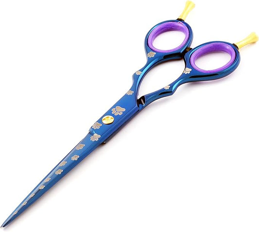 7.5" Professional Pet Grooming Scissors Double Finger Rest, Blue Titanium Coating, Dog Paws Laser Engraved.