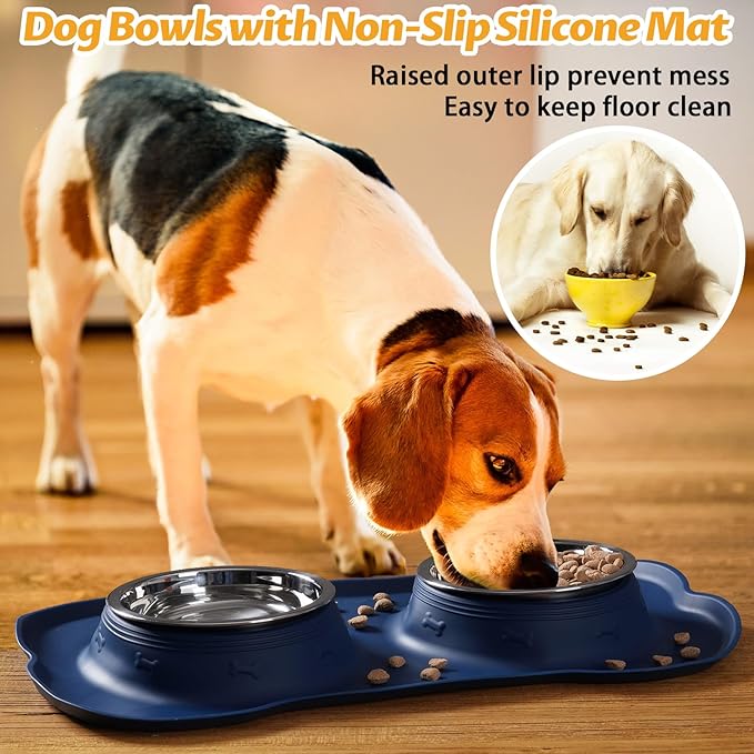 Hubulk Pet Dog Bowls 2 Stainless Steel Dog Bowl with No Spill Non-Skid Silicone Mat + Pet Food Scoop Water and Food Feeder Bowls for Feeding Small Medium Large Dogs Cats Puppies (X-Large, Navy Blue)
