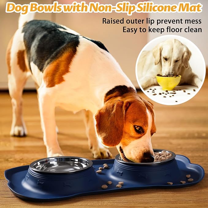 Hubulk Pet Dog Bowls 2 Stainless Steel Dog Bowl with No Spill Non-Skid Silicone Mat + Pet Food Scoop Water and Food Feeder Bowls for Feeding Small Medium Large Dogs Cats Puppies (Large, Navy Blue)