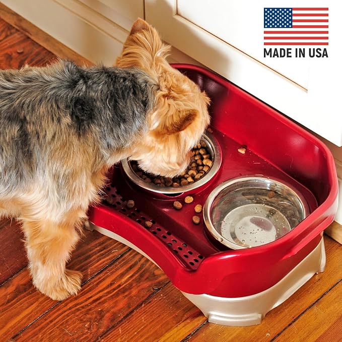 Neater Feeder Deluxe Mess Proof Dog Bowls Elevated for Small Breed – Made in USA – No Spill Raised Dog Food Bowl Stand – Stainless Steel Food and Water Bowl Set, Pet Feeding Station, Cranberry