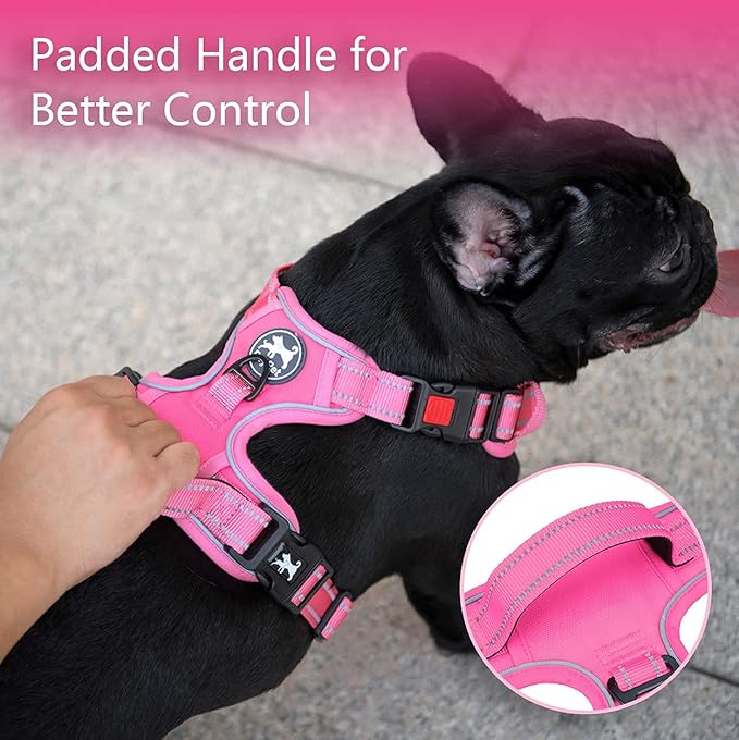 PoyPet No Pull Dog Harness, No Choke Reflective Dog Vest, Adjustable Pet Harnesses with Easy Control Padded Handle for Small Medium Large Dogs(Pink Matching Trim,XL)