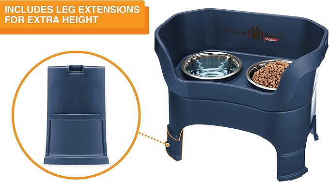 Neater Feeder Deluxe Mess Proof Dog Bowls Elevated for Large Dogs – Made in USA – No Spill Raised Dog Food Bowl Stand w/Leg Extensions – Stainless Steel Dog Food and Water Bowl Set – Dark Blue