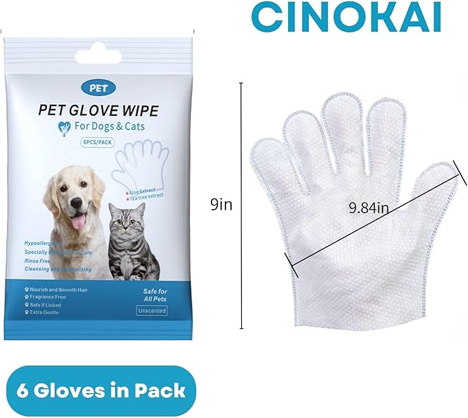 CINOKAI-Pet Cleaning Wipes - Cat Cleaning Wipes & Dog Grooming Gloves -Pet Glove Wipes for Dogs and Cats - Deodorizing Grooming Gloves (1Pack 6 PCS)