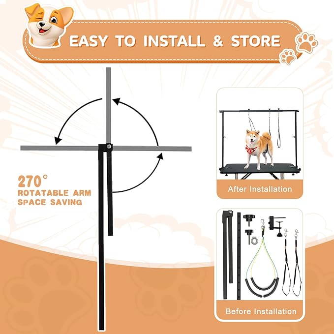 Breeze Touch Dog Grooming Table Arm - Overhead Pet Grooming Arm 39" H Adjustable, Foldable Cat and Dog Grooming Arm with Clamps Cat Grooming Loops for Small Medium Large Dog, Not Include Table