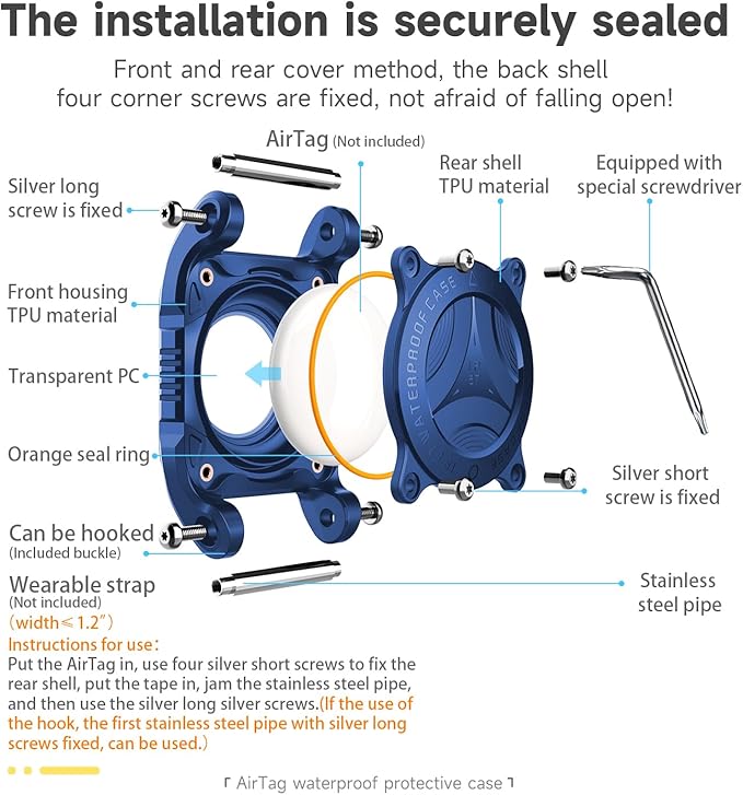 IP68 Waterproof Airtag Case for Dog Collar [1 Pack] Airtag Dog Collar Holder Hard TPU Full Protection Airtag Holder with Removable Handle Cat Dog GPS Tracker Anti Loss air tag Cover（Blue）