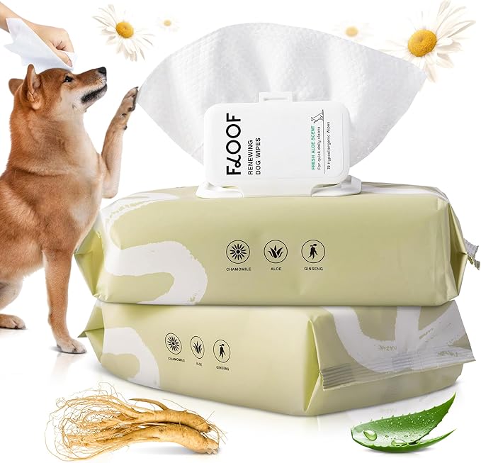 Floof Hypoallergenic Dog Wipes – Natural Aloe Grooming Wipes for Paws Face Ears Eyes & Bum – Vet-Formulated Extra Thick Safe for Puppies & Adult Dogs – 144 Count