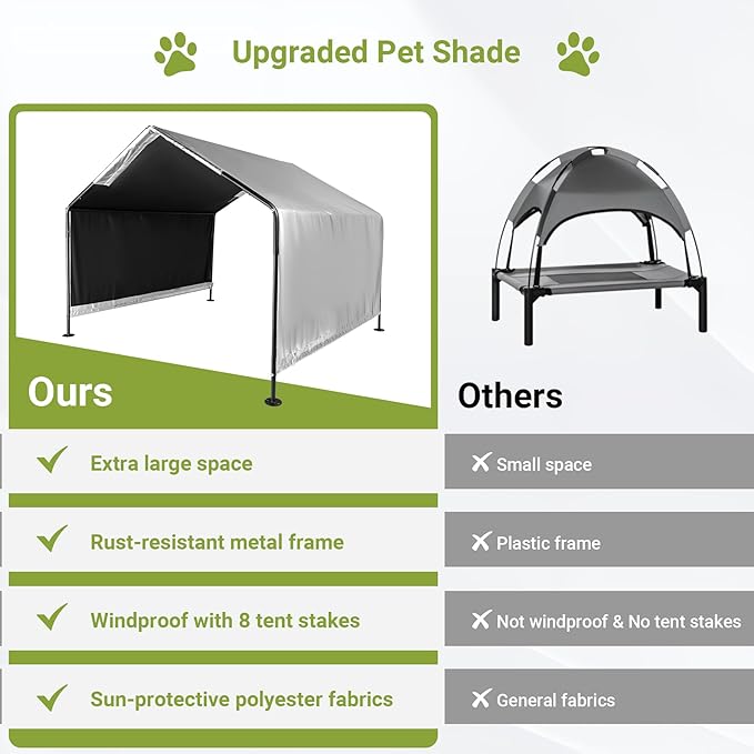 Dog Shade Shelter, 4'x4'x3.2' Metal Outdoor Dog Tent w/Ground Nails, Waterproof Pet Canopy Shelter for Outside, Pet House for Dogs, Cats, Small Animals and Livestock, Grey