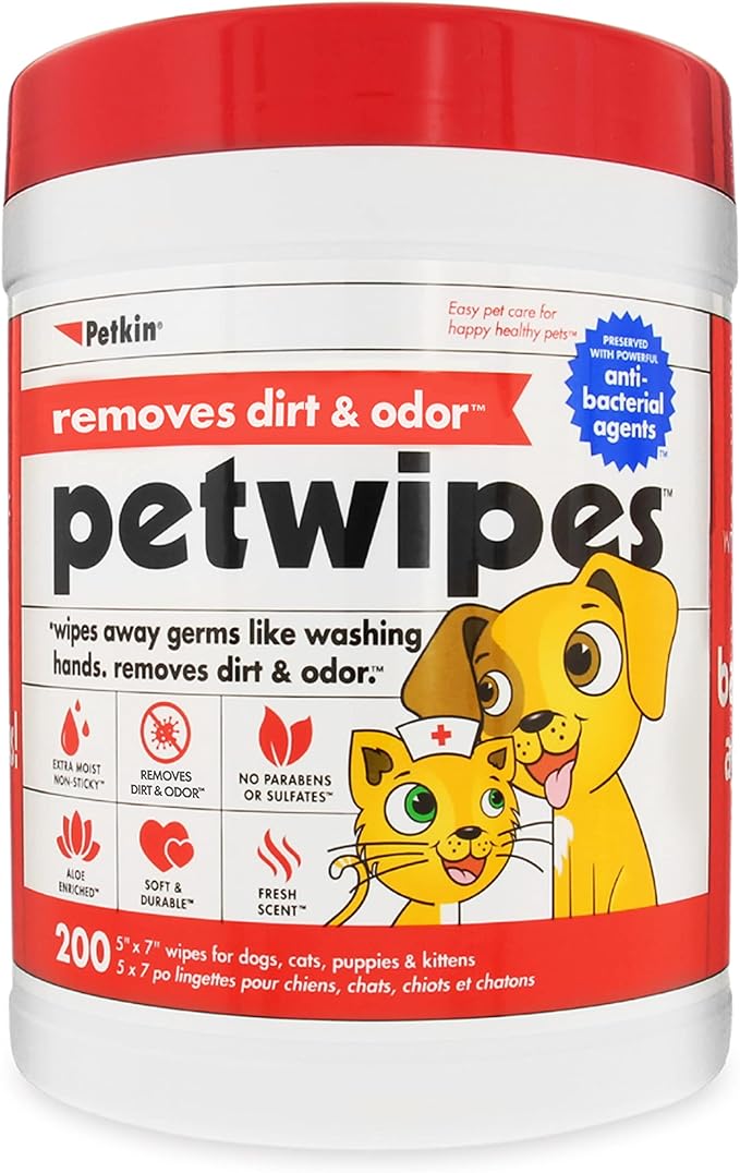 Petkin Mega PetWipes, 200 Wipes - Grooming Pet Wipes for Dogs and Cats - for Face, Paws, Ears, Body and Eye Area - Super Convenient Dog Cleaning Wipes, Ideal for Home or Travel - Easy to Use
