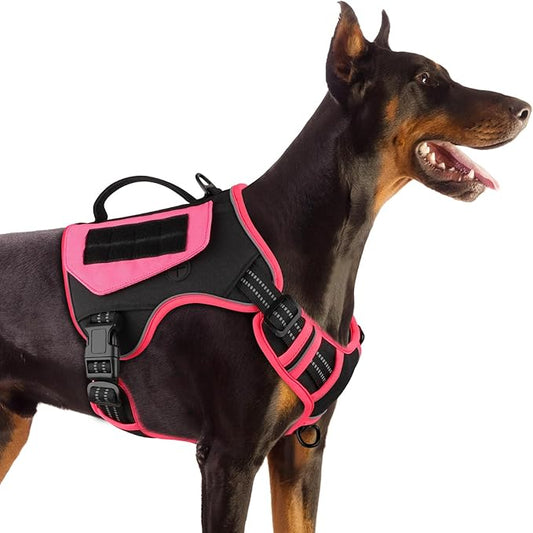 WINGOIN Tactical Dog Harness for Large Dogs, No Pull Harness with Handle Pockets Poop Bag, Reflective Dog Vest, Military Service Heavy Duty Big Dog Harness for Walking Hiking Training, Black Pink, L