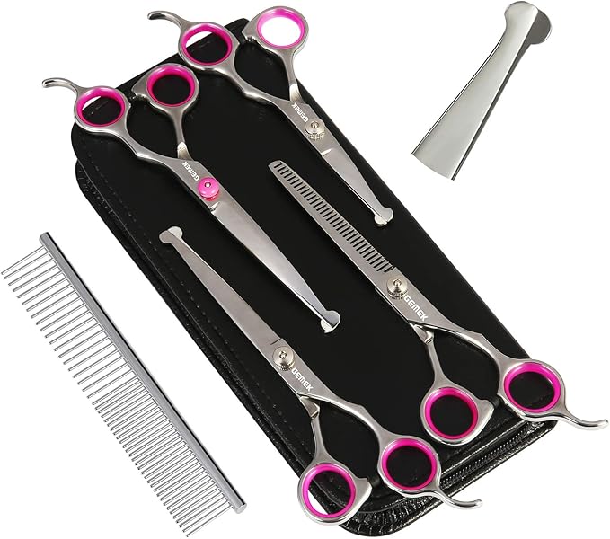 GEMEK Dog Grooming Scissors Set, 4CR Stainless Steel Safety Round Tip Pet Professional Grooming Tool 5 Pieces Kit - Straight, Curved, Thinning Shears & Comb for Dogs, Cats and Other Animals