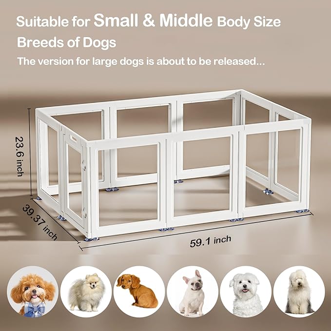 Dog Playpen Transparent Puppy Playpen Indoor, Easy Assemble & Disassemble Clear Pet Playpen, Sturdy & Easy Cleaning Plastic Dog Fence with Fence-to-Wall Anchor & Suction Cup (23.6"" H, 10PCS), WHITE
