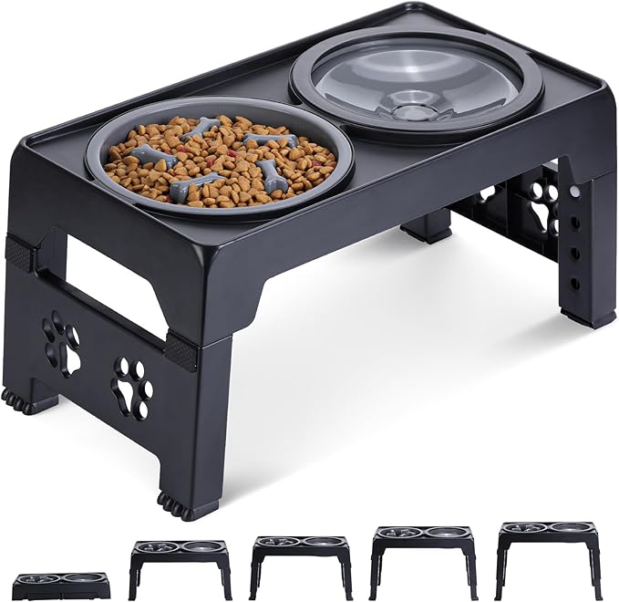 Elevated Dog Bowls, Raised Slow Feeder Dog Bowls with No Spill Water Bowl, Dog Bowl Stand Adjusts to 5 Heights 2.95", 8.46", 9.65", 10.82", 12.01" for Small Medium Large Dogs and Pets, Black