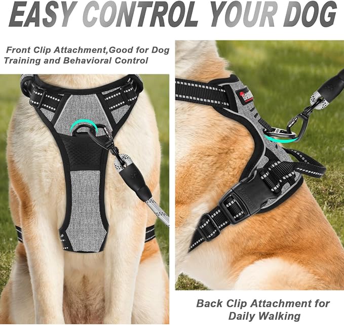 BARKBAY No Pull Dog Harness Front Clip Heavy Duty Reflective Easy Control Handle for Large Dog Walking(Flint Gray,M)