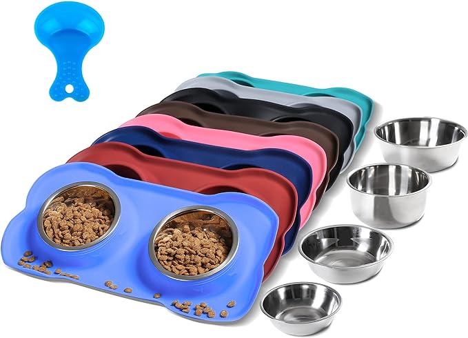 Hubulk Pet Dog Bowls 2 Stainless Steel Dog Bowl with No Spill Non-Skid Silicone Mat + Pet Food Scoop Water and Food Feeder Bowls for Feeding Small Medium Large Dogs Cats Puppies (Medium, Blue)