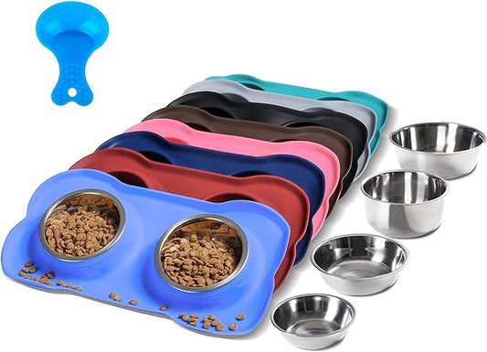 Hubulk Pet Dog Bowls 2 Stainless Steel Dog Bowl with No Spill Non-Skid Silicone Mat + Pet Food Scoop Water and Food Feeder Bowls for Feeding Small Medium Large Dogs Cats Puppies (Medium, Blue)
