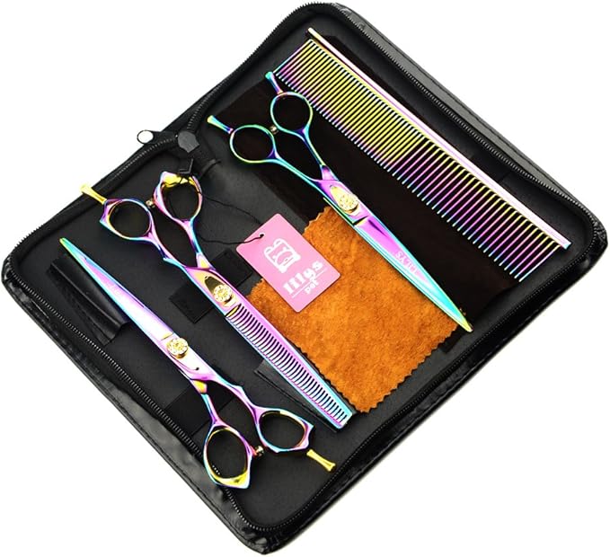 LILYS PET HIGH-END SERIES Japan 440C Pet Grooming Scissors Set,Rainbow Color,Cutting&Thinning&Two-way Curved shears Set (7.0")