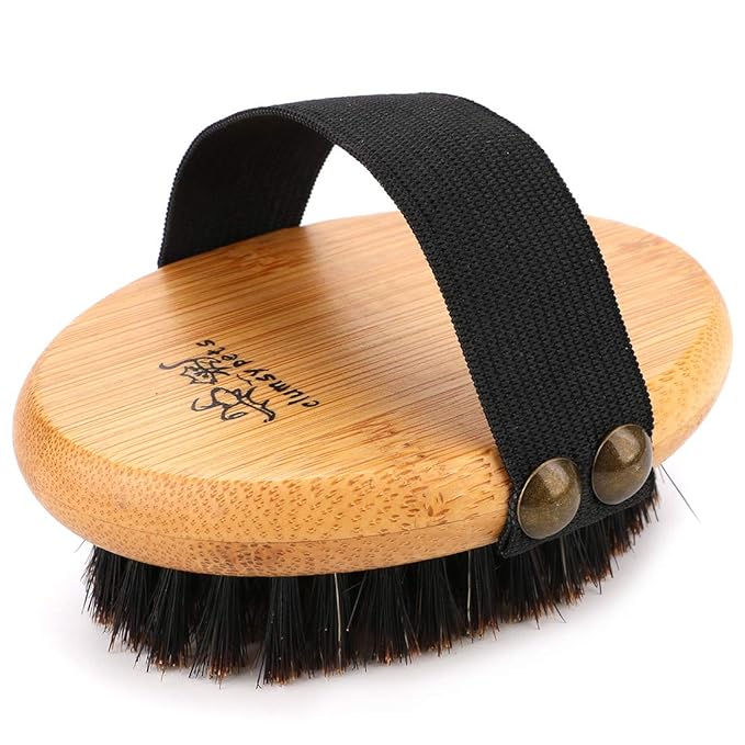 Bamboo Grooming Palm-Held Pets Brush with Boar Bristles & Elastic Band for Dog Cat Shower Bath and Massage