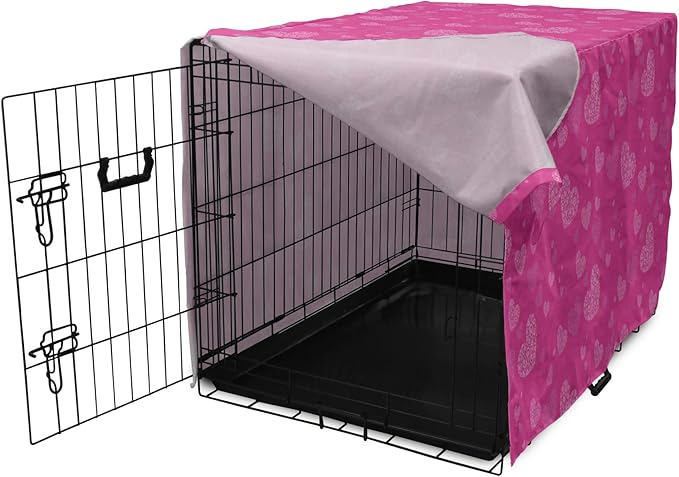 Lunarable Love Dog Crate Cover, Romantic Theme Abstract Heart Shapes Valentines Day 14th February Design, Easy to Use Pet Kennel Cover for Medium Large Dogs, 48 Inch, Hot Pink