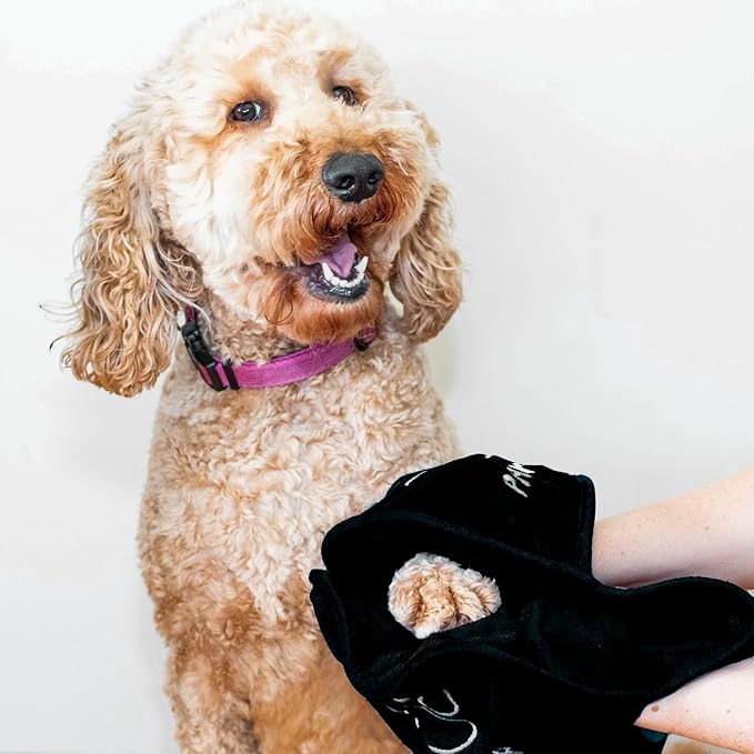 Paws-up Paw Cleaning Towel for Dogs removes mud Dirt Grass Sand allergens Machine Washable Microfiber Also Great for a Quick Dry Puppy Bath Towel with Two Hand Pockets for Control. 25.5” X 9” Black