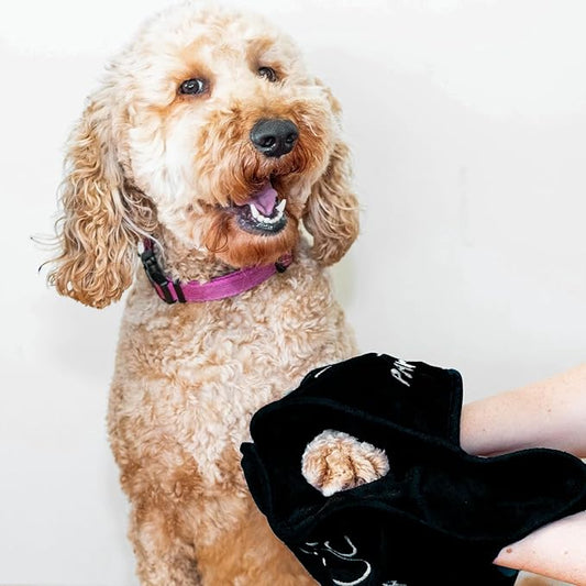 Paws-up Paw Cleaning Towel for Dogs removes mud Dirt Grass Sand allergens Machine Washable Microfiber Also Great for a Quick Dry Puppy Bath Towel with Two Hand Pockets for Control. 25.5” X 9” Black