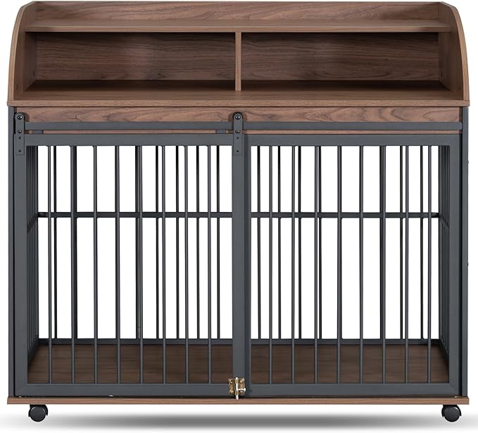 Merax 44" Heavy Duty Large Medium Dog Crate, Wooden Metal Kennel Pet Cage with Lockable Wheels & End Table Double Layer Storage Indoor Furniture, Brown
