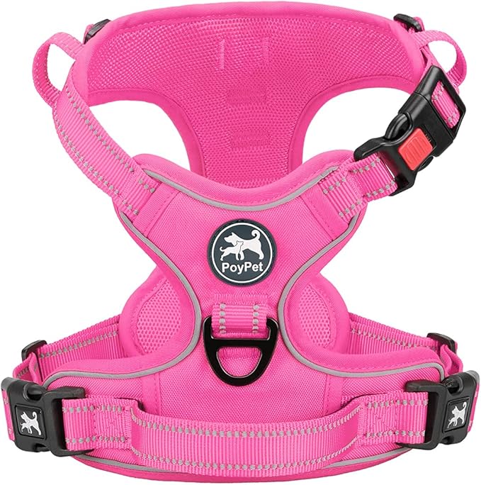 PoyPet No Pull Dog Harness, No Choke Reflective Dog Vest, Adjustable Pet Harnesses with Easy Control Padded Handle for Small Medium Large Dogs(Pink Matching Trim,XL)