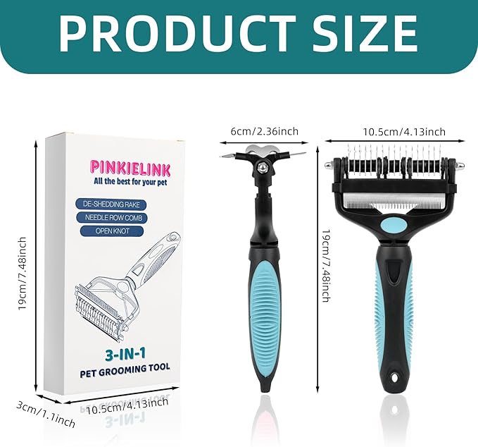 3-IN-1 Pet Grooming Tool - Undercoat Rake, Dematting Comb & Deshedding Brush for Cats & Dogs - Removes Mats, Tangles & Loose Fur, Reduces Shedding & Prevents Hair Mess (Blue)