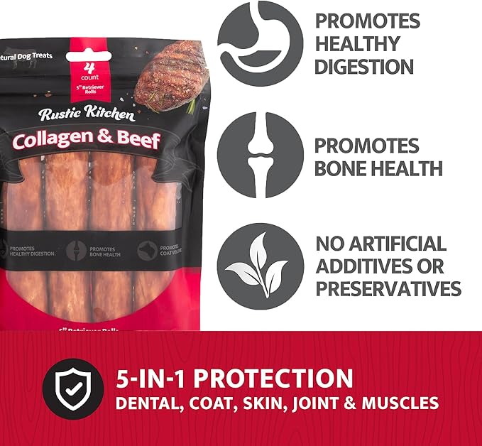Beef Collagen Sticks for Dogs, Collagen Retriever Roll Real Beef Dog Treat 5" - 4ct, Dog Chews Long Lasting, Rawhide Free for All Dog Breeds