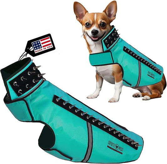 CoyoteVest SpikeVest Dog Harness Vest for Small Dogs, Reflective Dog Vest with Spikes to Shield Your pet from Coyotes, Raptor and Animal Attacks, Anti Hawk Vest, Made in USA (L-Turquoise)